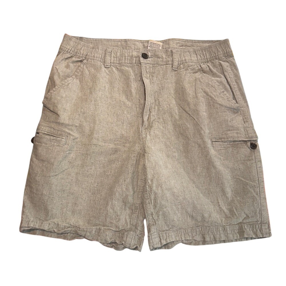 St Johns Bay Mens Light Grey Linen Blend Cargo Shorts Size 36 Stretch Casual